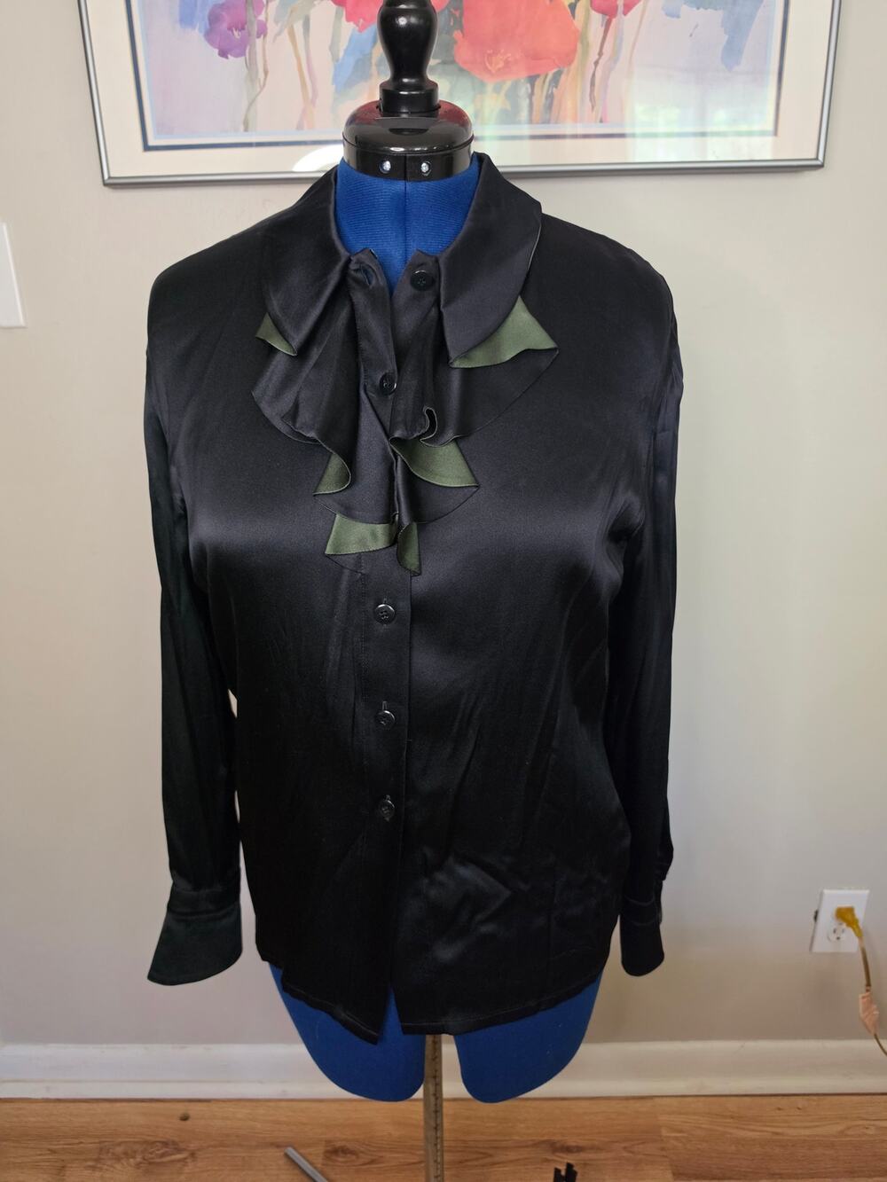 Escada Margaretha Ley Black Silk Ruffle Blouse Green Trim Button Front Vintage